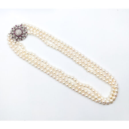 Necklace 1.51ctw Round Diamonds 1.60ctw/7.5mm Rubies/Pearls 14kw 21" 223100066