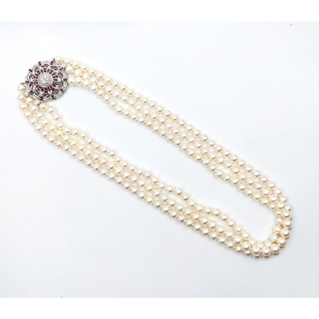 Necklace 1.51ctw Round Diamonds 1.60ctw/7.5mm Pearl Ruby 14kw