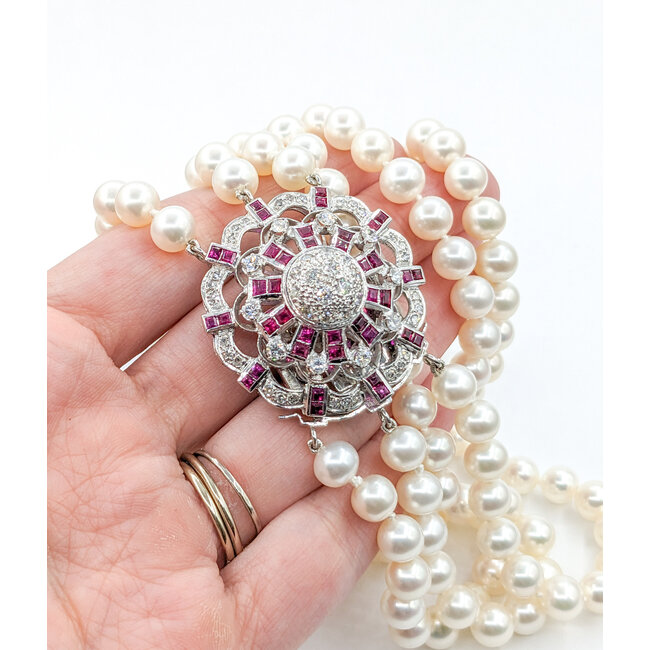 Necklace 1.51ctw Round Diamonds 1.60ctw/7.5mm Pearl Ruby 14kw