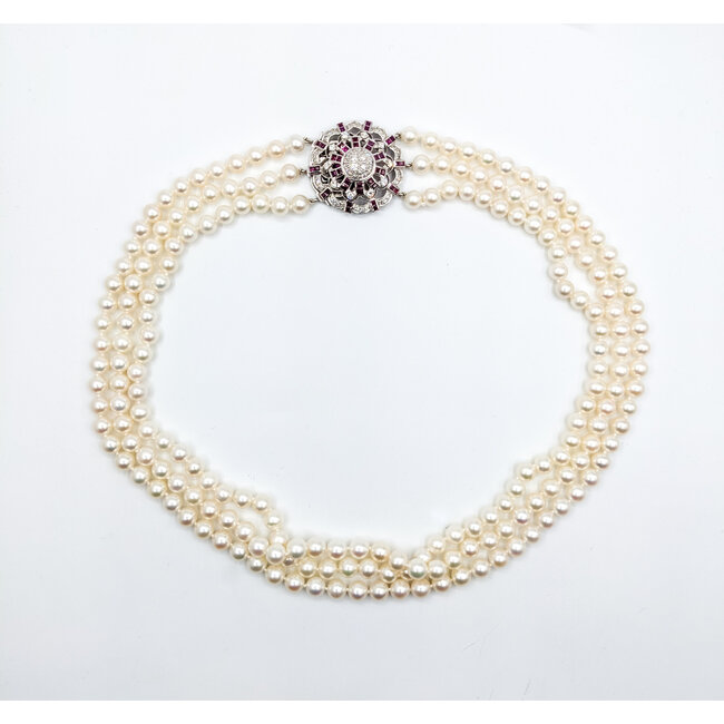 Necklace 1.51ctw Round Diamonds 1.60ctw/7.5mm Pearl Ruby 14kw