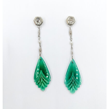 Earrings Antique .20ctw Old Mine Diamonds Pearls/Green Onyx 14kw 66x15mm 223100032