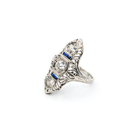 Ring Art Deco .50ctw Old European Diamonds Synthetic Sapphires 18kw Sz5 223090054