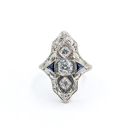 Ring Art Deco .50ctw Round Diamonds Synthetic Sapphires 18kw Sz6 223090052