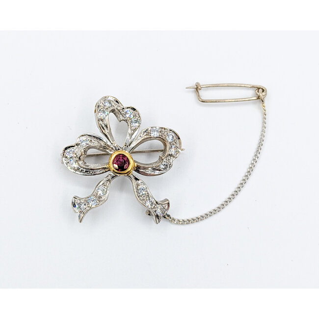 Brooch Vintage Ribbon .50ctw Round Diamonds .15ct Ruby Platinum 25.5x24.5mm 223090027