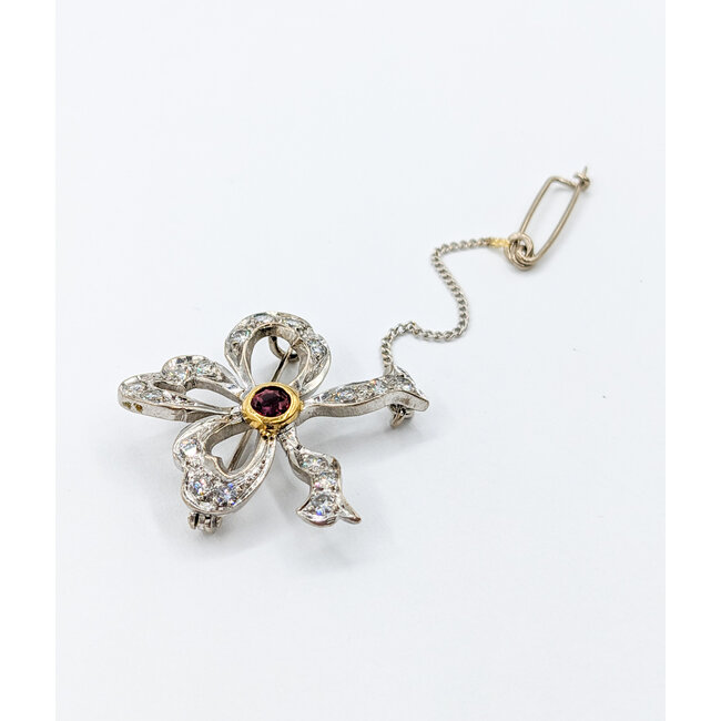 Brooch Vintage Ribbon .50ctw Round Diamonds .15ct Ruby Platinum 25.5x24.5mm 223090027