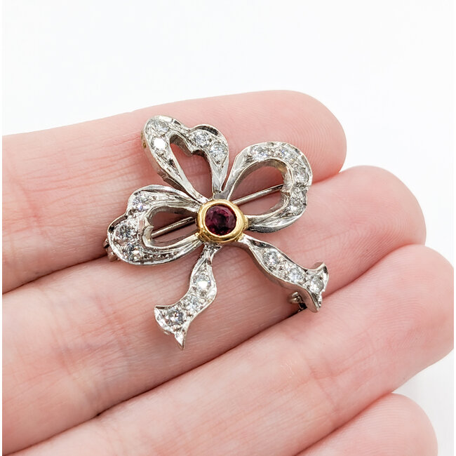 Brooch Vintage Ribbon .50ctw Round Diamonds .15ct Ruby Platinum 25.5x24.5mm 223090027