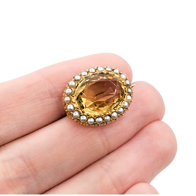 Brooch 14x11mm Oval Citrine Seed Pearls 15ky 20x16mm 223090044