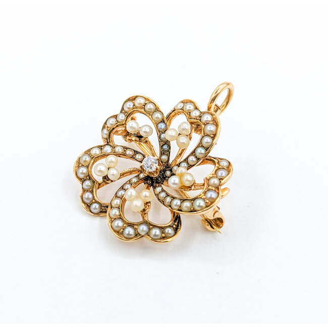 Brooch/Pendant Vintage Clover .06ct Old Mine Diamond Seed Pearls 14ky 21x21mm 223090030