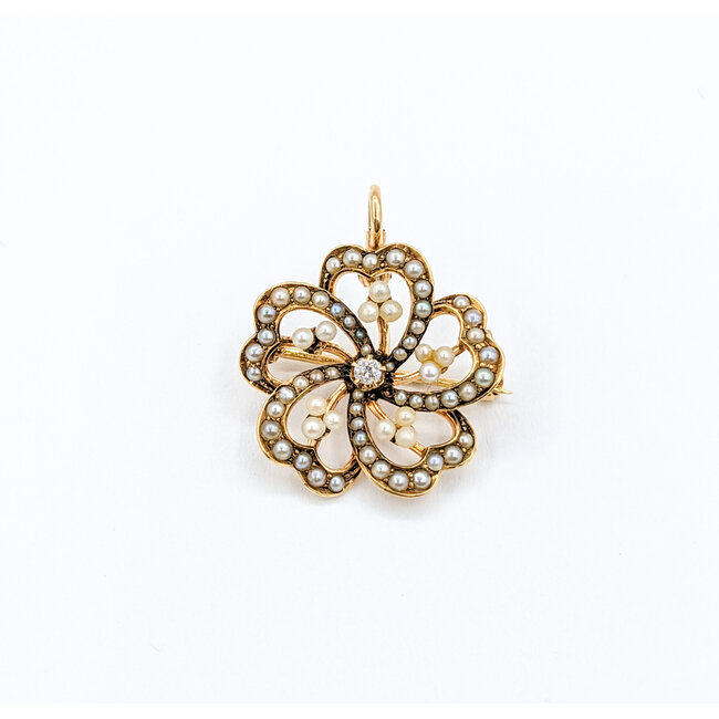 Brooch/Pendant Vintage Clover .06ct Old Mine Diamond Seed Pearls 14ky 21x21mm 223090030