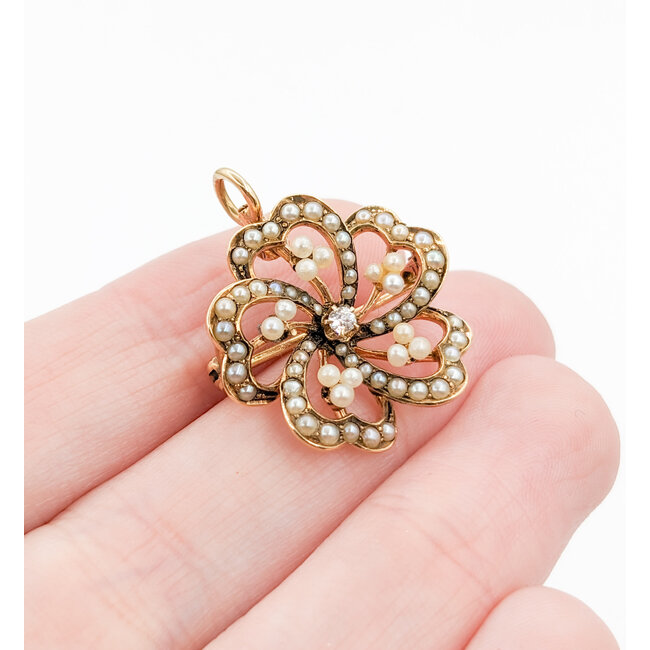Brooch/Pendant Vintage Clover .06ct Old Mine Diamond Seed Pearls 14ky 21x21mm 223090030