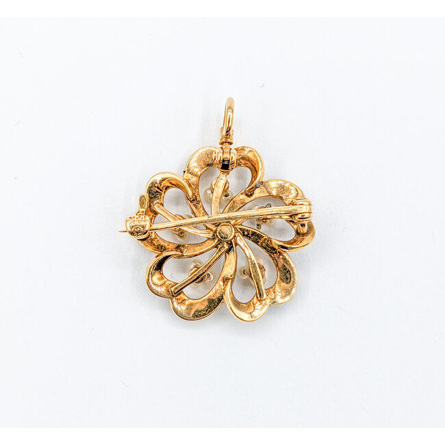 Brooch/Pendant Vintage Clover .06ct Old Mine Diamond Seed Pearls 14ky 21x21mm 223090030