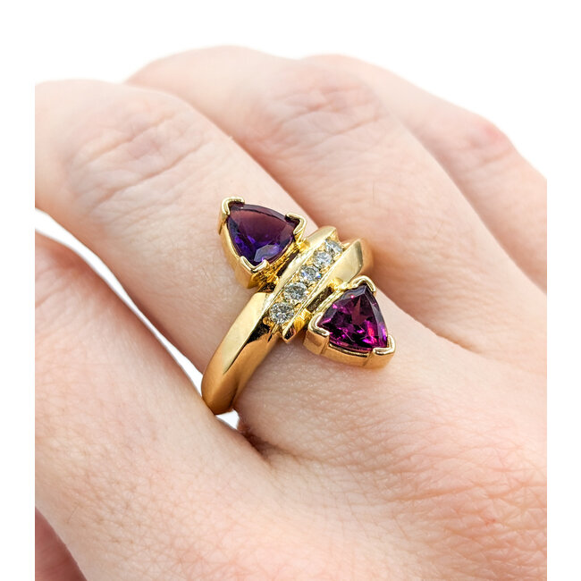 Ring .10ctw Round Diamonds 6mm Trillion Amethyst/Garnet 14ky Sz7 223040053