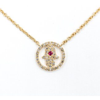 Necklace Hamsa .20ctw Diamonds .02ct Ruby 14ky 15.5-17.5" 123110142