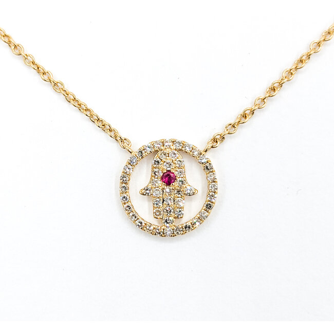 Necklace Hamsa .20ctw Diamonds .02ct Ruby 14ky 15.5-17.5" 123110142