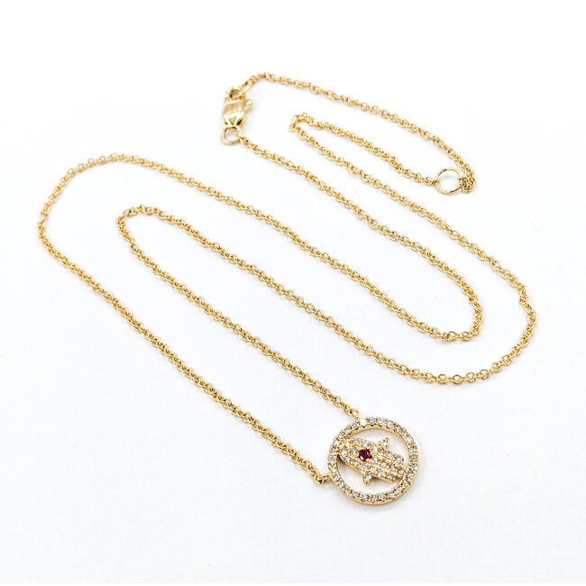 Necklace Hamsa .20ctw Diamonds .02ct Ruby 14ky 15.5-17.5" 123110142
