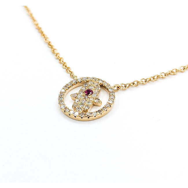 Necklace Hamsa .20ctw Diamonds .02ct Ruby 14ky 15.5-17.5" 123110142