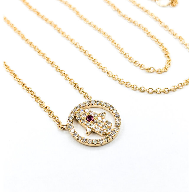 Necklace Hamsa .20ctw Diamonds .02ct Ruby 14ky 15.5-17.5" 123110142