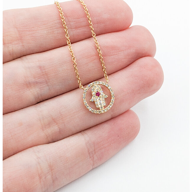 Necklace Hamsa .20ctw Diamonds .02ct Ruby 14ky 15.5-17.5" 123110142