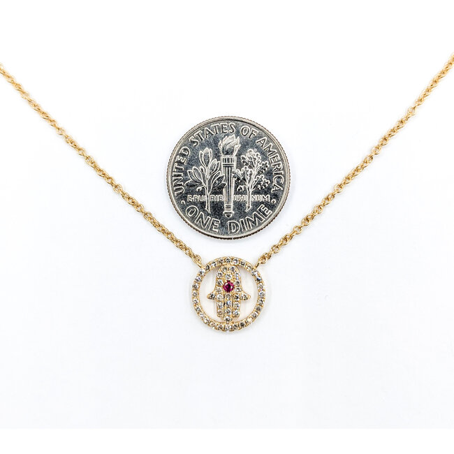 Necklace Hamsa .20ctw Diamonds .02ct Ruby 14ky 15.5-17.5" 123110142