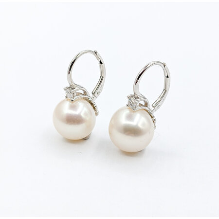 Earrings Leverback .16ctw Diamonds 11mm FW Pearl 14kw .8x.4" 123110118