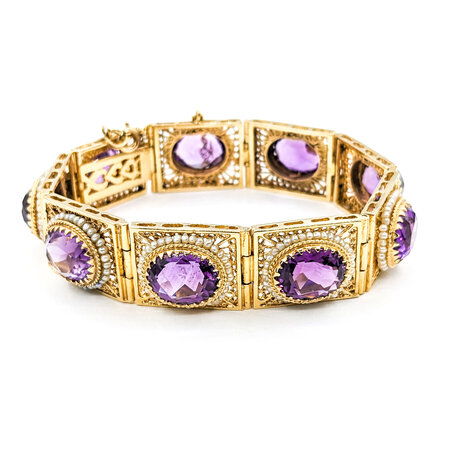 Bracelet Vintage 40ctw Oval Amethysts Seed Pearls 14ky 7.5" 223120119