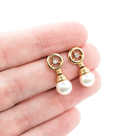 Earrings Dangle .02ctw Round Diamonds 7.3mm Akoya Pearls 14ky 22x7.3mm 224010011