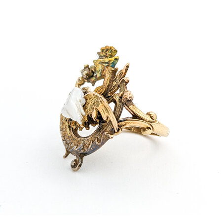 Ring Art Nouveau Dragon .05ct Old Mine Diamond Oblong Pearl 12ky sz6 224010755