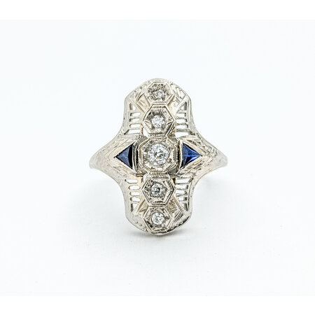 Ring Art Deco .15ctw Old European Diamonds 2.5mm Synthetic Sapphires 18kw sz6 224010783