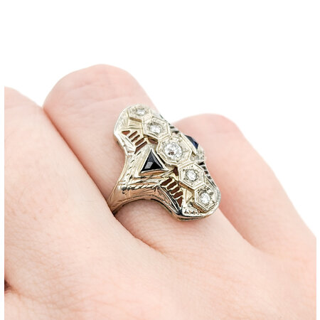 Ring Art Deco .15ctw Old European Diamonds 2.5mm Synthetic Sapphires 18kw sz6 224010783