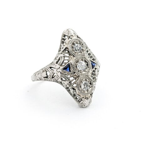 Ring Art Deco .30ctw Old European Diamonds 2mm Synthetic Sapphires 18kw sz6 224010785