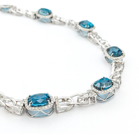 Necklace 4.53ctw Round Diamonds 60.81ctw Blue Zircon 14kw 17.5" 6mm 224022257