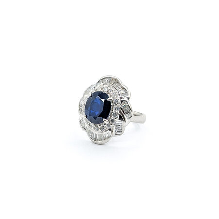 Ring Cocktail Style 1.21ctw Round & Baguette Diamonds 2.83ct Sapphire 900pt sz6.5 124020170