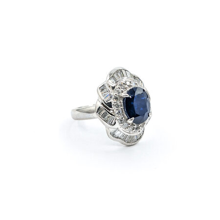 Ring Cocktail Style 1.21ctw Round & Baguette Diamonds 2.83ct Sapphire 900pt sz6.5 124020170