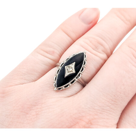 Ring Ornate Marquise Shape Onyx .02ct Diamond 10kw sz6 124010756