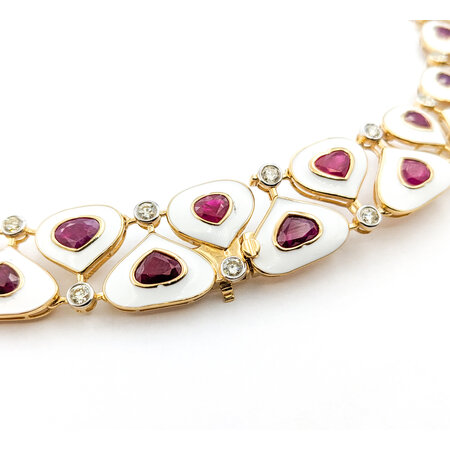Necklace 4.11ctw Round Diamonds Hand White Enameled 36.93ctw Burmese Rubies 14ky 18" 16.5 to 22mm 224022254