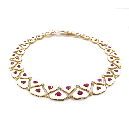 Necklace 4.11ctw Round Diamonds Hand White Enameled 36.93ctw Burmese Rubies 14ky 18" 16.5 to 22mm 224022254