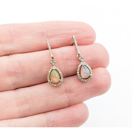 Earrings 0.16ctw Round Diamonds Drop .60ctw Opal .9x.25" 14kw 124034150