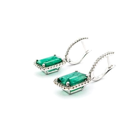 Earrings .32ctw Round Diamonds Dangle Halo 3.86ctw GIA Emeralds 25x9.5mm 18kw 224024156