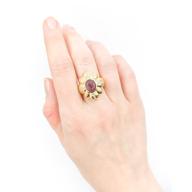 Ring Palm Motif .40ctw Round Diamonds 2.48ct Tourmaline Cabochon Pink Tourmaline 18ky sz6 224030151