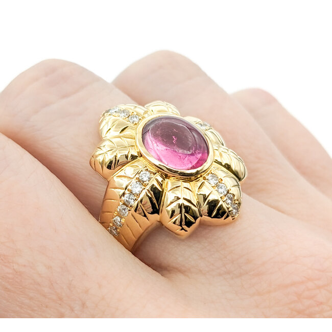 Ring Palm Motif .40ctw Round Diamonds 2.48ct Tourmaline Cabochon Pink Tourmaline 18ky sz6 224030151