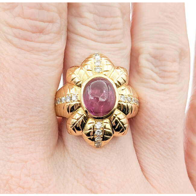 Ring Palm Motif .40ctw Round Diamonds 2.48ct Tourmaline Cabochon Pink Tourmaline 18ky sz6 224030151