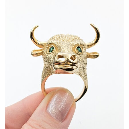 Ring Bull Head with Horns Custom Design .20ctw Round Emerald 14ky sz12 124030158