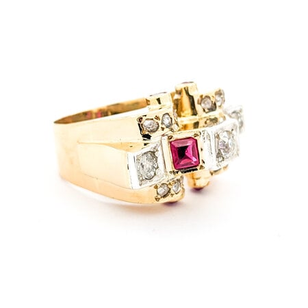 Ring Victorian .75ctw Old Mine Cut Diamonds Synthetic Rubies 14ky 224020790