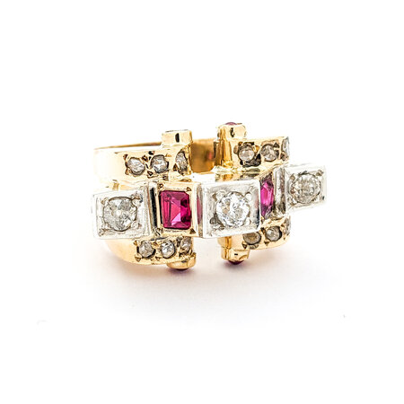 Ring Victorian .75ctw Old Mine Cut Diamonds Synthetic Rubies 14ky 224020790