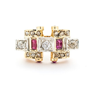 Ring Victorian .75ctw Old Mine Cut Diamonds Synthetic Rubies 14ky 224020790