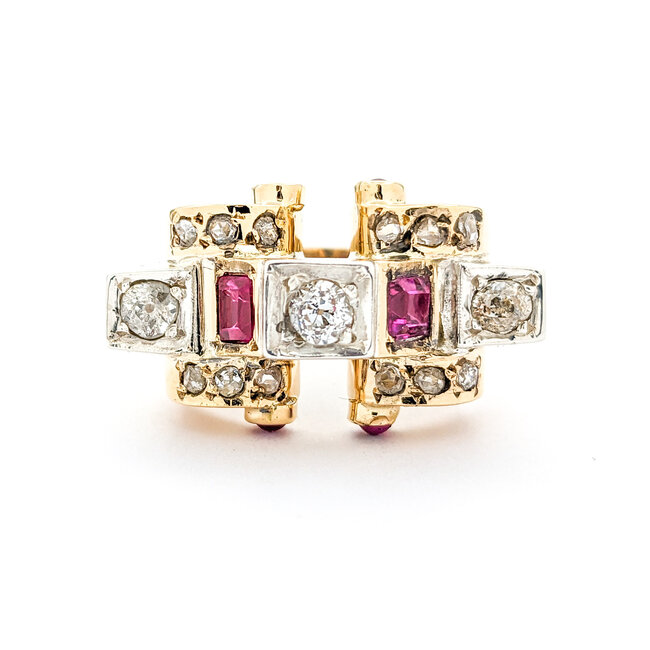 Ring Victorian .75ctw Old Mine Cut Diamonds Synthetic Rubies 14ky 224020790