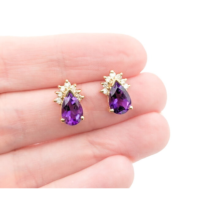 Earrings .16ctw Round Diamonds Stud 2.3ctw Amethyst 12x9mm 14ky 124034166