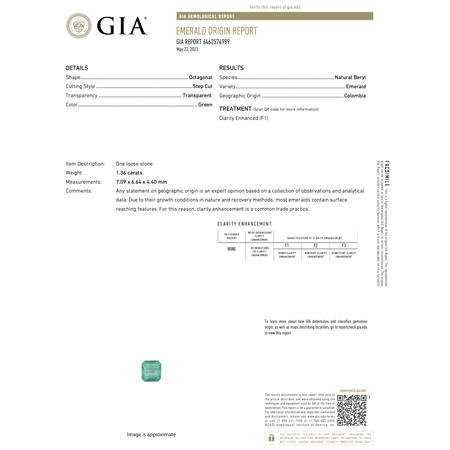 Ring GIA Report Number: 6462574989 0.32ctw Round/Baguette Diamonds 1.36ct Emerald 900pt sz5.75 124030170