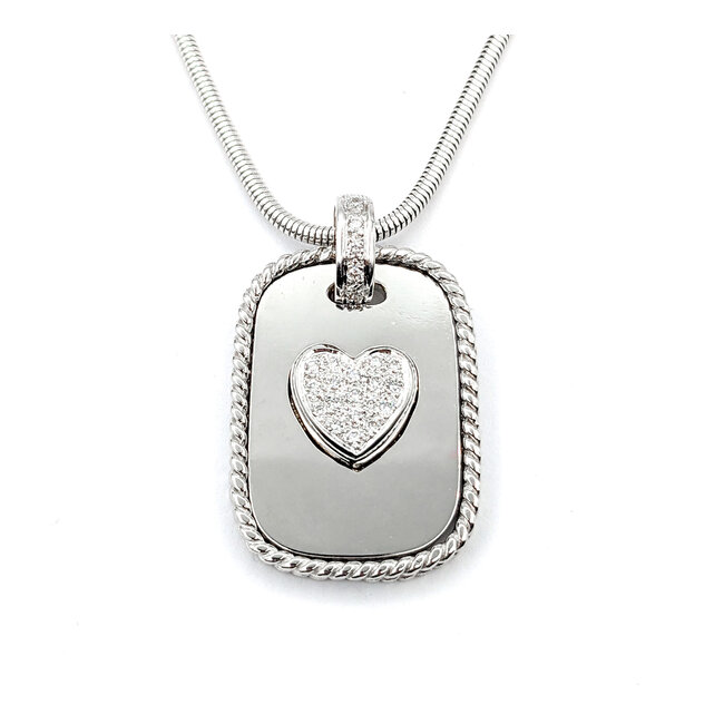 Pendant Cassis Dog Tag Pave Heart W/Snake Chain .33ctw Round Diamonds 36x23mm 18kw 18" 224031006