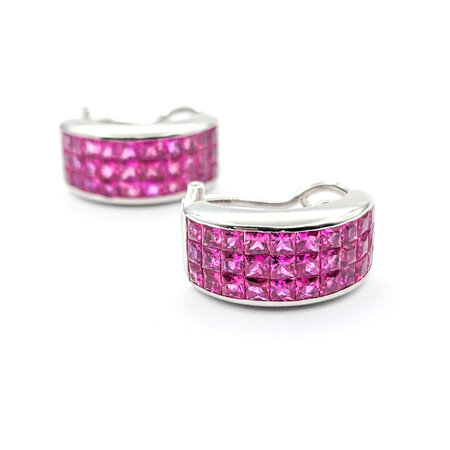 Earrings Half Hoop Omega Back 4.60ctw Square Pink Sapphires Invisible Set 18.5x9mm 18kw 224034153
